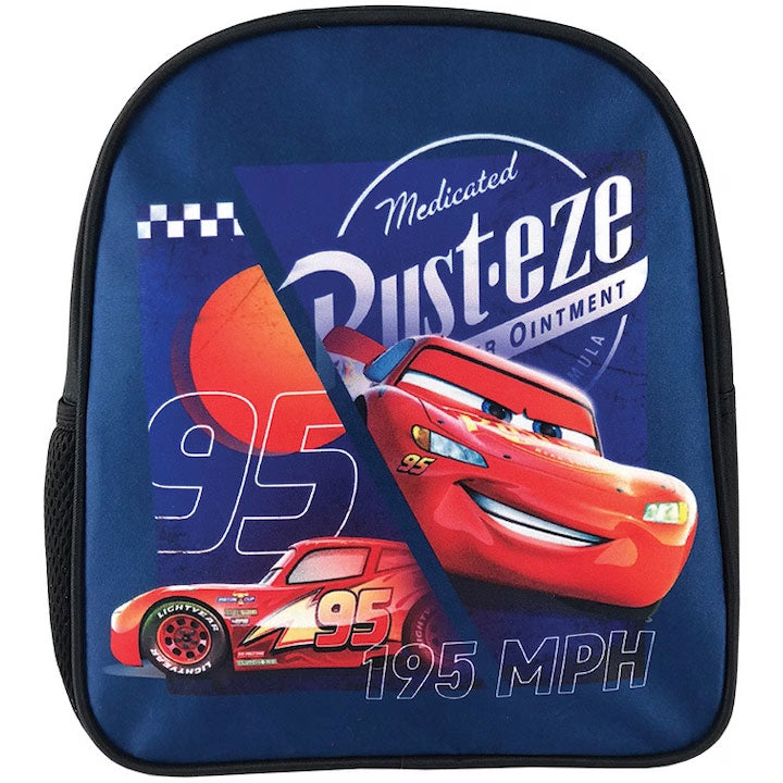 Ghiozdan mic de gradinita Pigna model Disney Cars albastru cu un compartiment bretele buretate si buzunar lateral pentru apa 28 cm