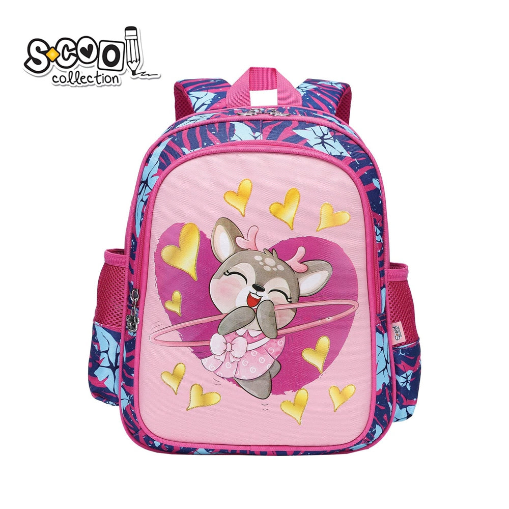 Ghiozdan gradinita fete S-COOL model DEER 33 cm imprimeu caprioara greutate 0.36kg brelocuri ursulet spate respirabil si curea pectorala