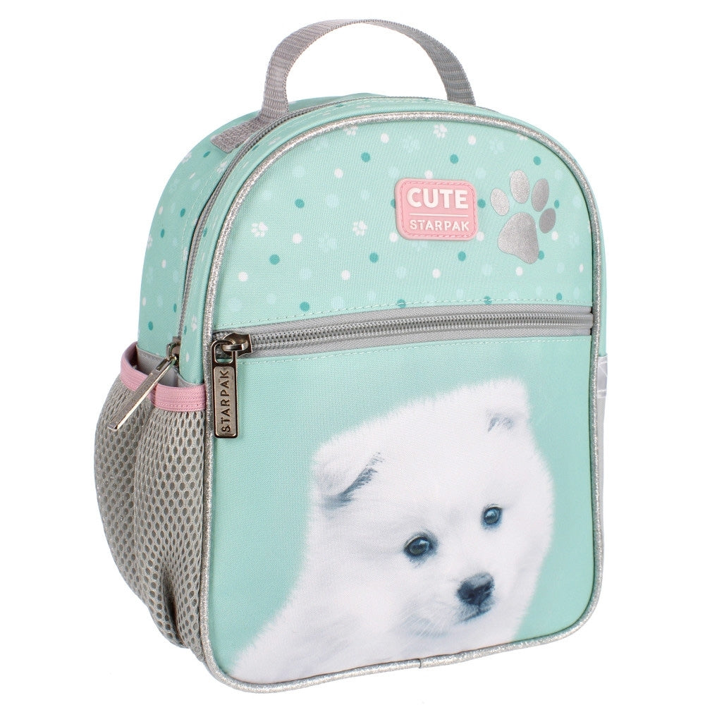 Ghiozdan gradinita STARPAK model Doggy 25 cm culori menta si alb cu compartiment captusit buzunar frontal si lateral plasa pentru sticla apa