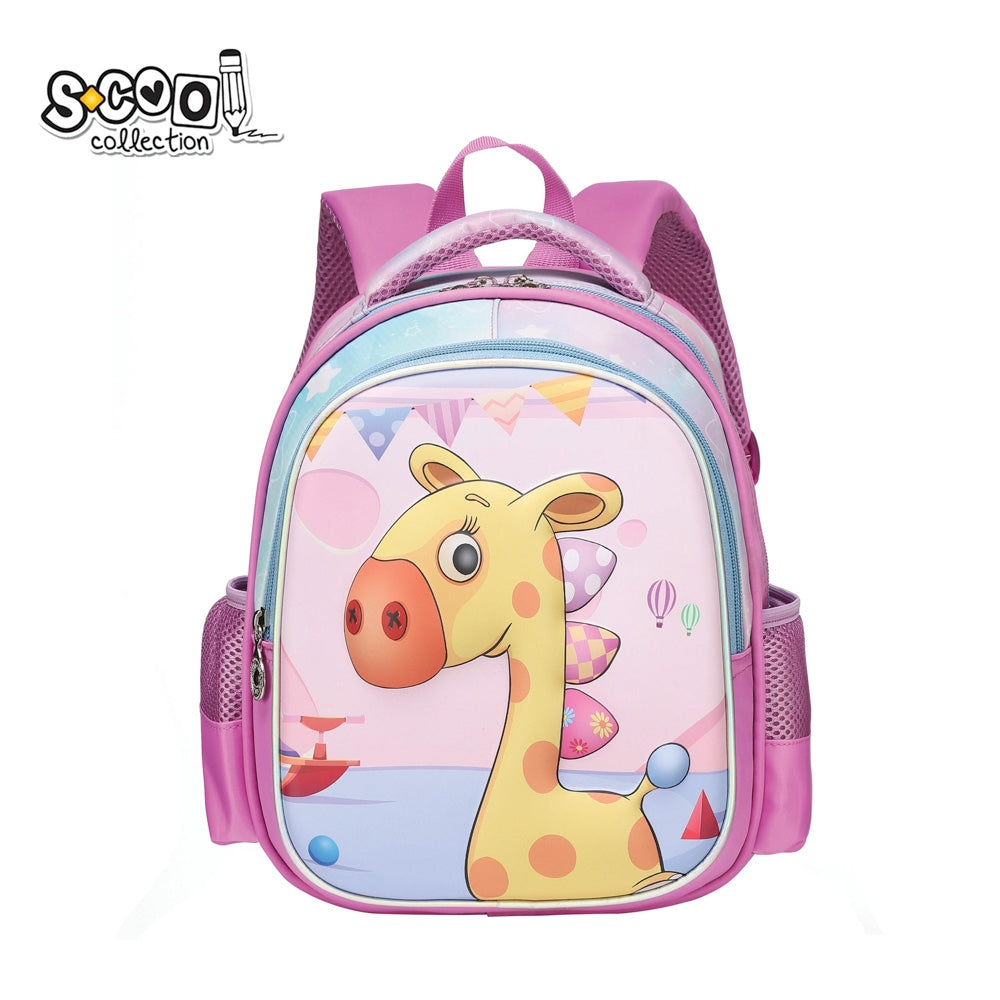 Ghiozdan gradinita fete S-COOL model 3D Giraffe 31 cm panou frontal EVA tridimensional roz medalion decorativ spate buretat si buzunare laterale