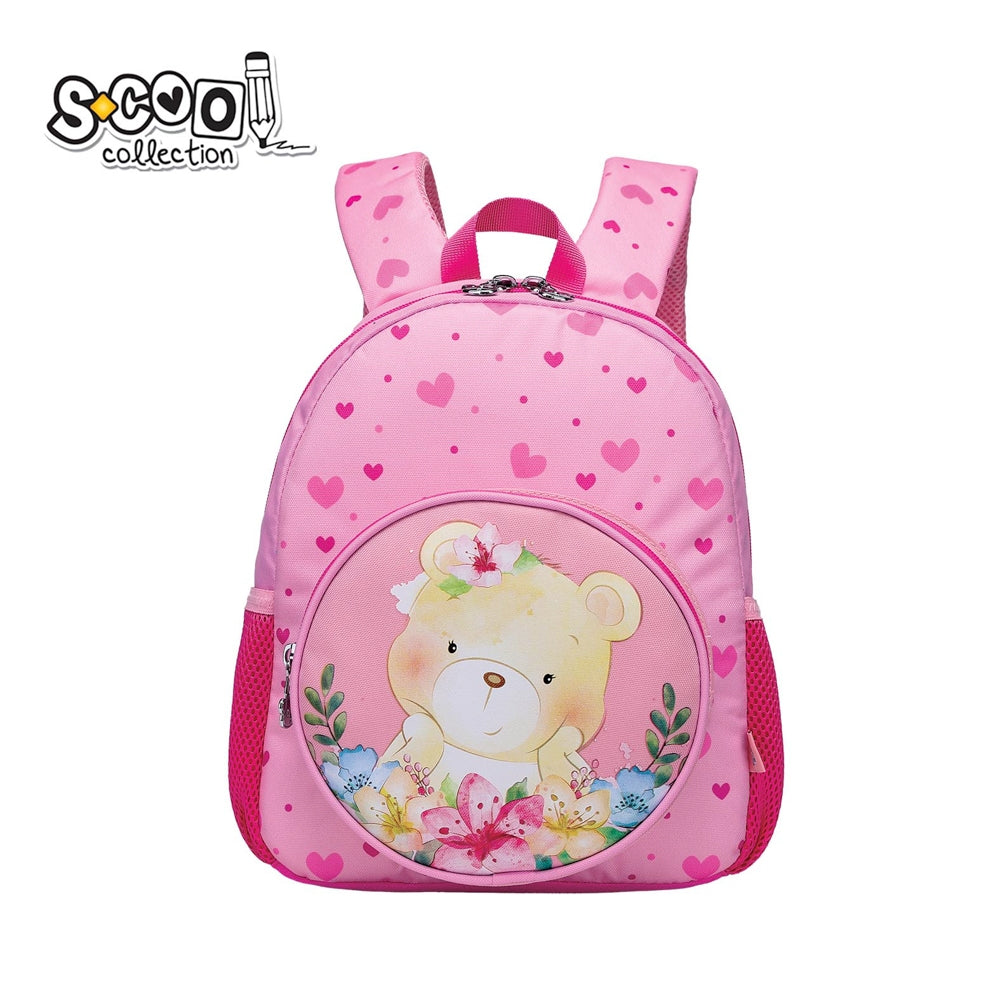 Ghiozdan gradinita fete S-COOL model Bear 31 cm imprimeu ursulet brelocuri metalice spate respirabil curea pectorala de fixare si benzi reflectorizante