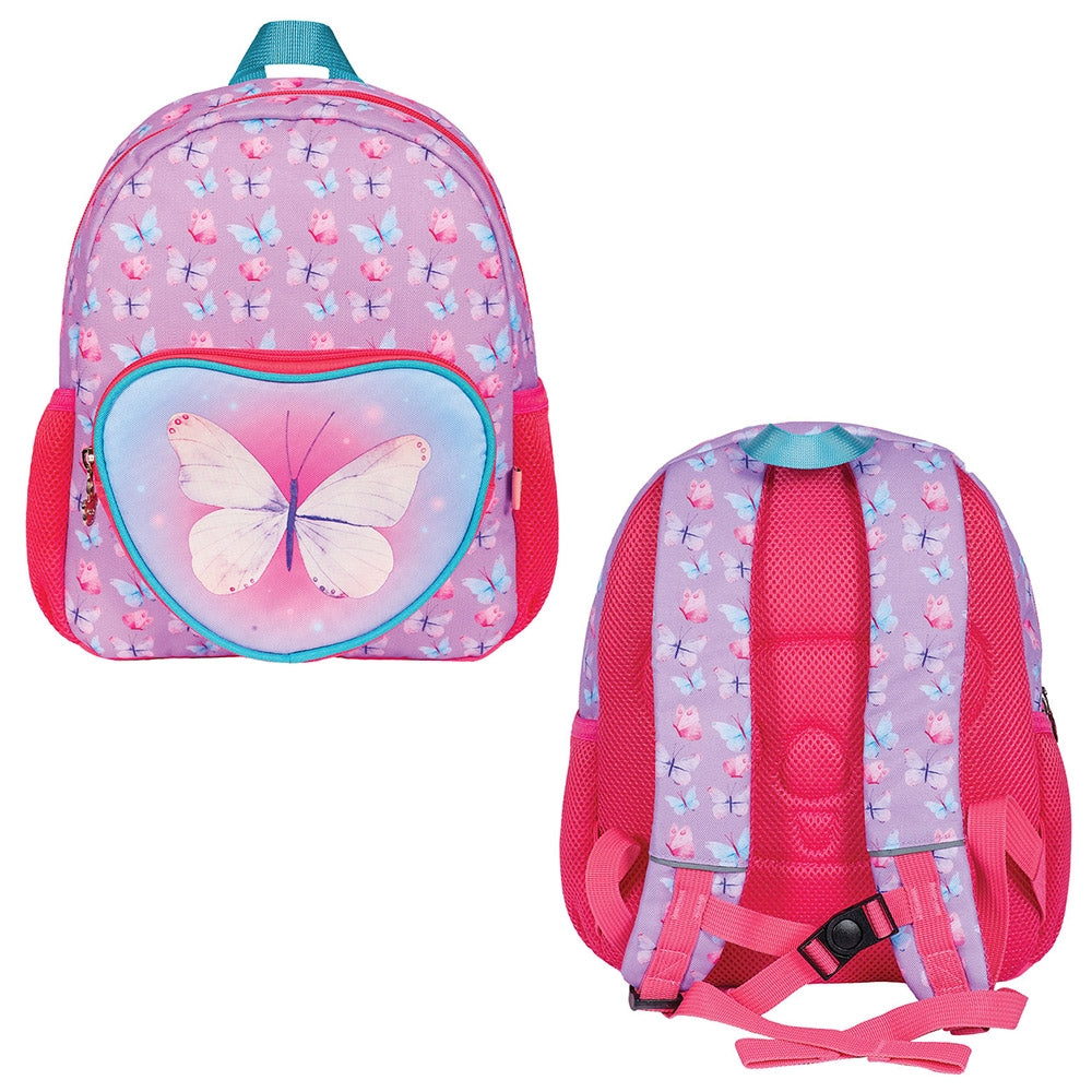 Ghiozdan gradinita fete S-COOL model Butterfly 31 cm roz cu buzunar frontal inimioara imprimeu fluturi curea pectorala de fixare spate respirabil si benzi reflectorizante