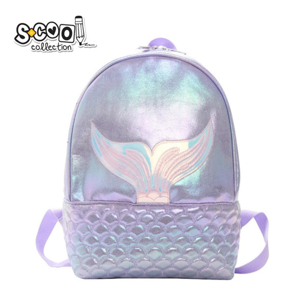Ghiozdan gradinita fete S-COOL model Glitter Mermaid 32 cm material metalizat cu solzi in relief si coada de sirena brodata bretele buretate reglabile