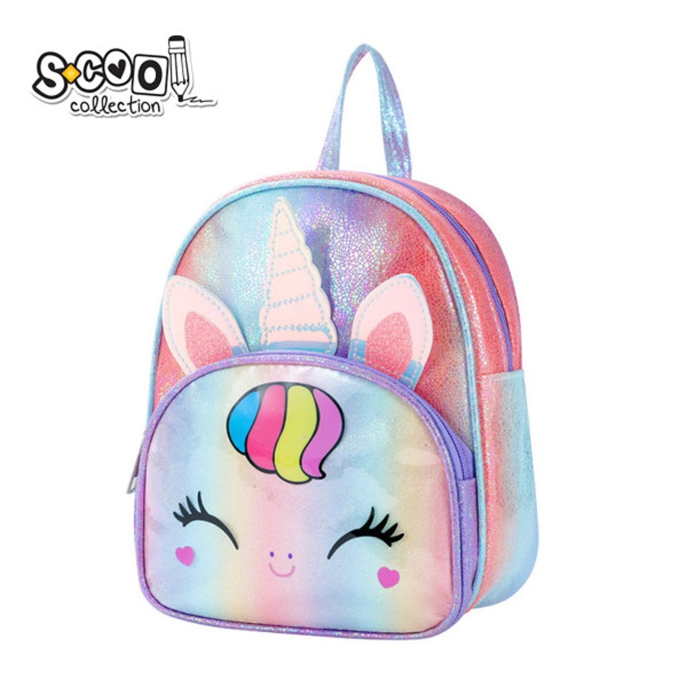 Ghiozdan gradinita fete S-COOL model Glitter Unicorn 32 cm material textil metalizat cu buzunar frontal din PVC transparent si bretele reglabile