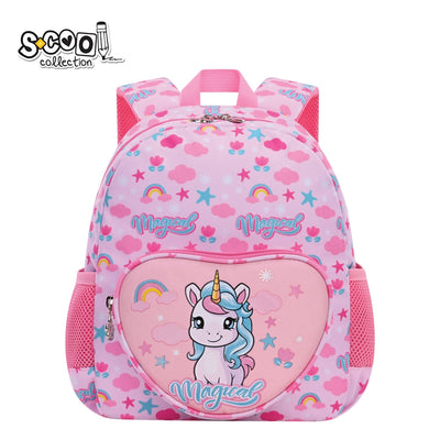 Ghiozdan gradinita fete S-COOL model Magical 30 cm imprimeu unicorn buzunar frontal inimioara curea pectorala de fixare spate respirabil si benzi reflectorizante