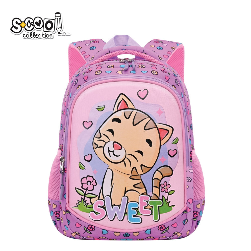 Ghiozdan gradinita fete S-COOL model Sweet 34 cm roz material poliester 900D buzunar frontal buretat spate confortabil si volum 11 litri