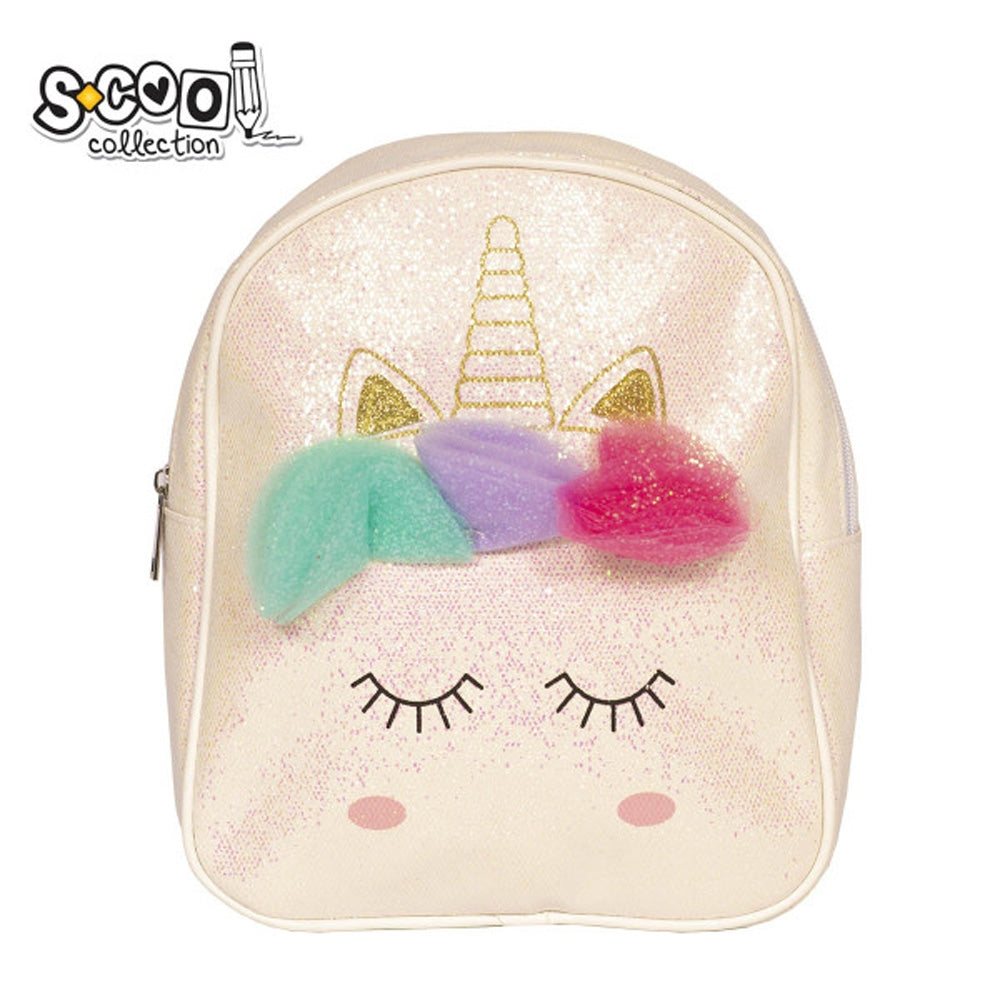 Ghiozdan gradinita fete S-COOL model Unicorn din PVC cu sclipici roz 26 cm spate ranforsat bretele reglabile buzunare laterale si design ergonomic