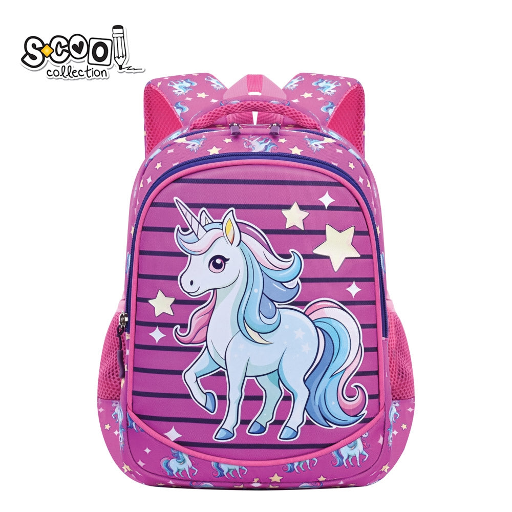Ghiozdan gradinita fete S-COOL model Unicorn 34 cm roz material rezistent poliester 900D buzunar frontal buretat spate confortabil si volum 11 litri