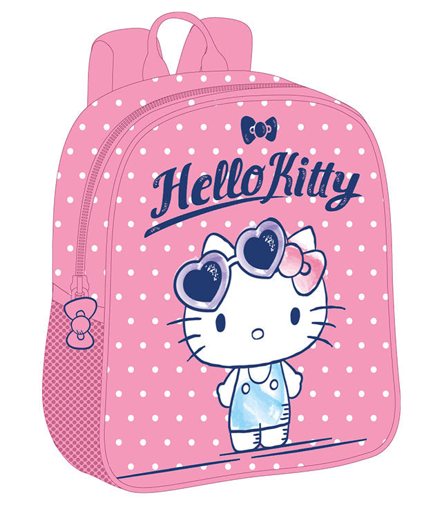 Ghiozdan gradinita fete Pigna model Hello Kitty Dots roz cu buline un compartiment bretele buretate si buzunar lateral apa