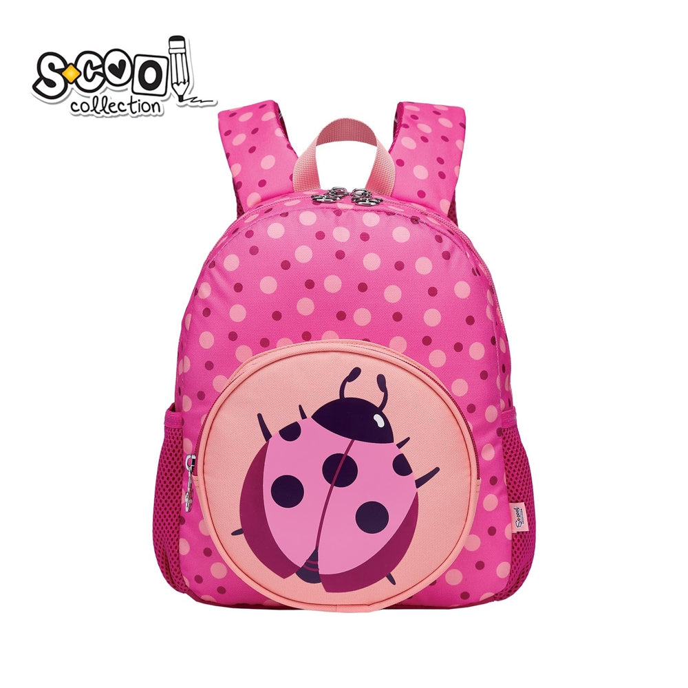Ghiozdan gradinita S-COOL model LADYBUG 31 cm imprimeu buburuza buzunar frontal rotund brelocuri ursulet curea pectorala de fixare si benzi reflectorizante
