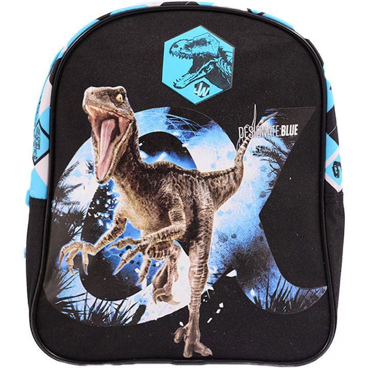 Ghiozdan mic de gradinita Pigna model Jurassic World negru si albastru material impermeabil un compartiment si bretele ajustabile pentru prescolari
