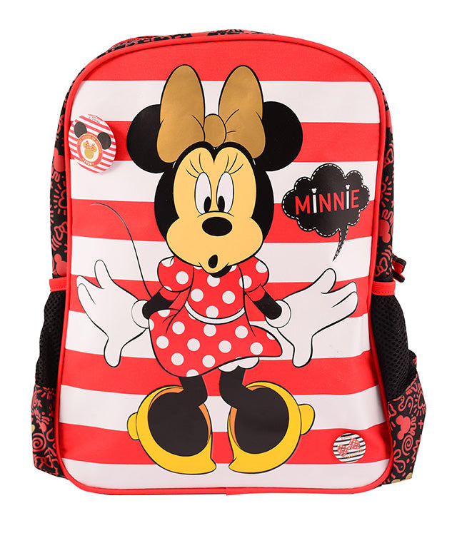 Ghiozdan gradinita Pigna licenta Minnie Mouse rosu si negru cu dungi print auriu include 2 insigne spate buretat baza intarita si buzunare laterale