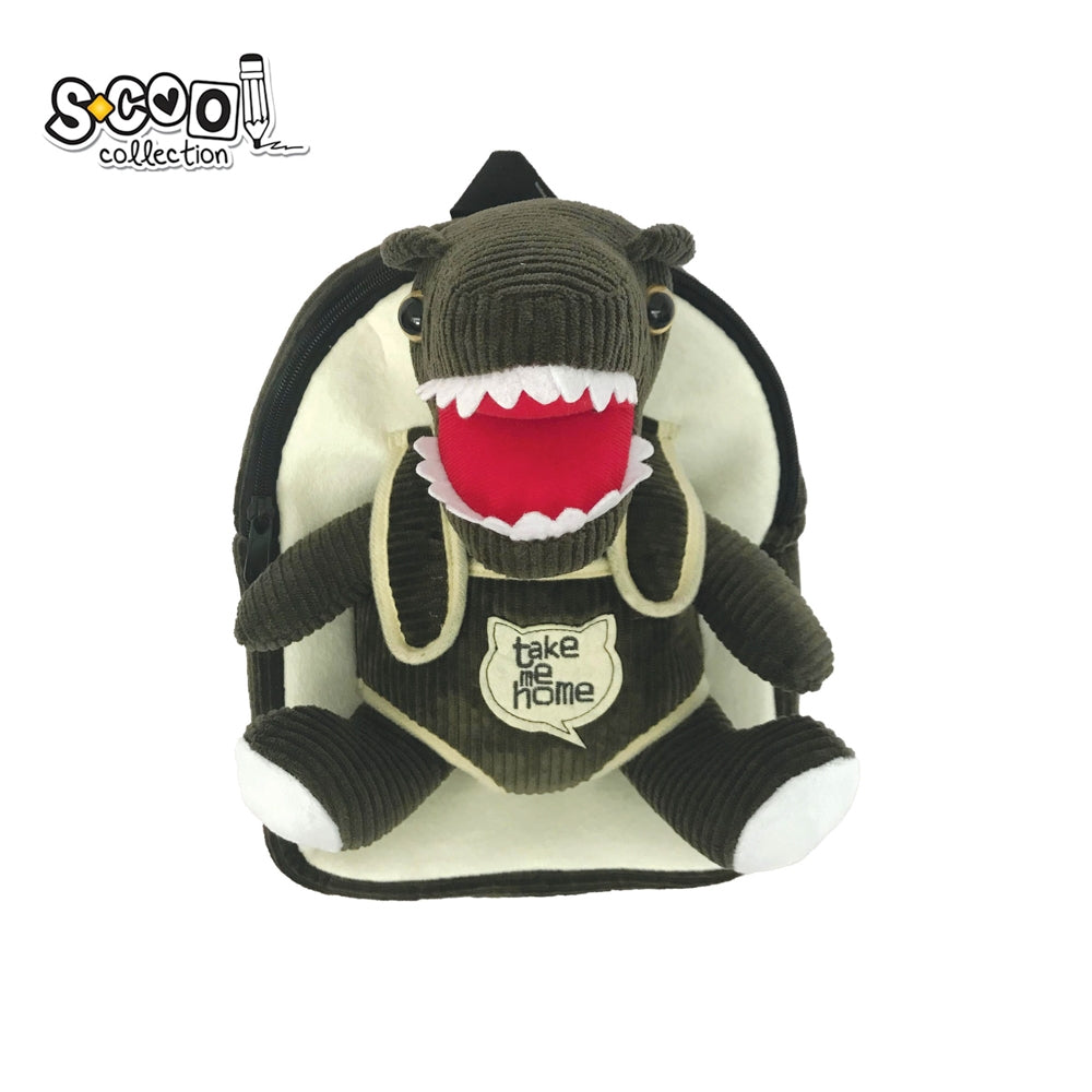 Ghiozdan gradinita baieti S-COOL model Baby Animals din plus crem si verde cu jucarie dinozaur detasabila greutate 0.26kg compartiment buretat si bretele reglabile