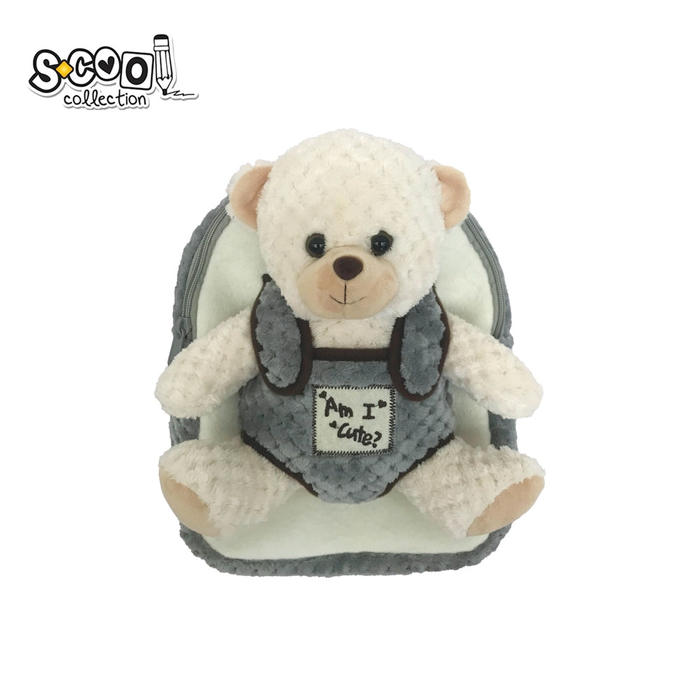Ghiozdan gradinita S-COOL model Baby Animals White Bear din plus crem si gri cu jucarie ursulet alb detasabila greutate 0.24kg compartiment buretat si bretele reglabile