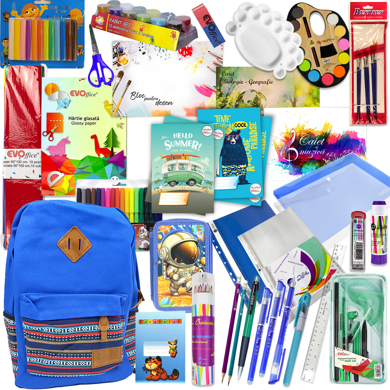 Set premium scoala baieti clasele 3-4 cu ghiozdan laptop Willgo penar rigid 2 fermoare trusa geometrie roller cu stergere caiete biologie si accesorii pictura profesionale
