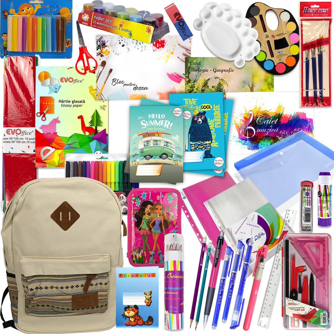 Set premium scoala fete clasele 3-4 cu ghiozdan laptop Willgo penar rigid 2 fermoare trusa geometrie roller care se sterge caiete biologie si muzica set pictura EVOffice