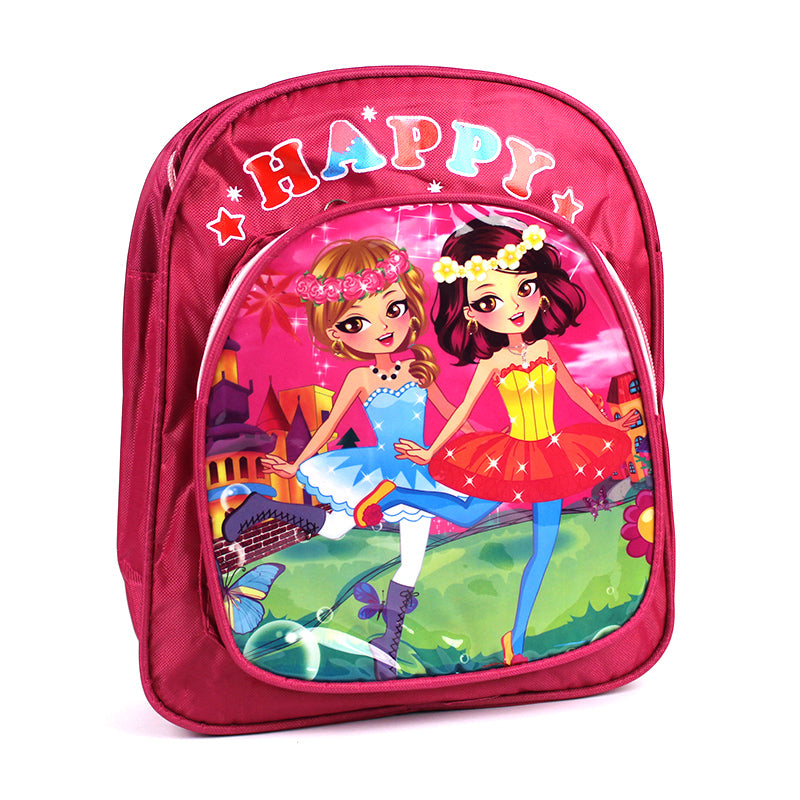 Ghiozdan gradinita fete model Happy dimensiuni 27x24x8 cm cu doua compartimente cu fermoar si barete reglabile