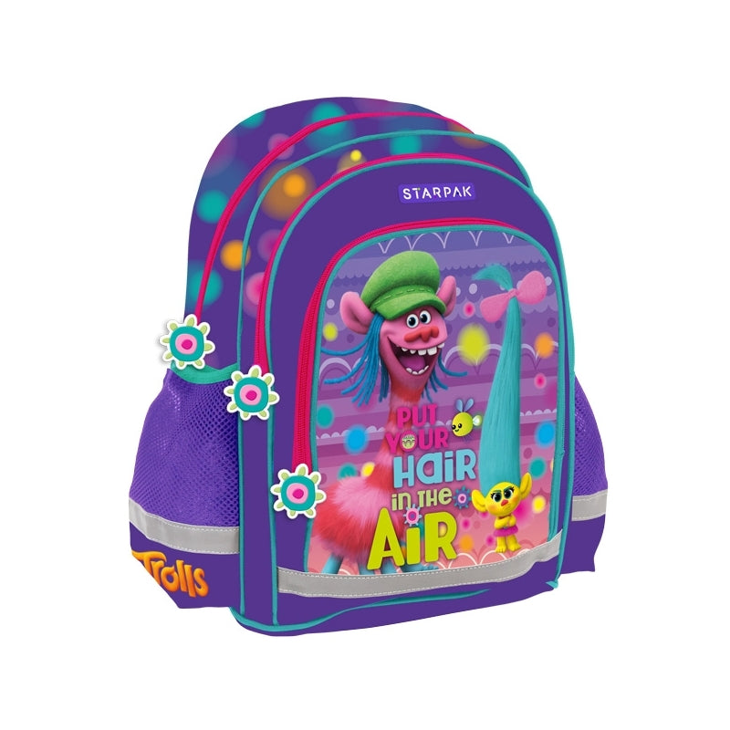 Ghiozdan scoala fete STARPAK model Trolls 37 cm cu doua compartimente spate ergonomic buretat material impermeabil 600D si baza cauciucata
