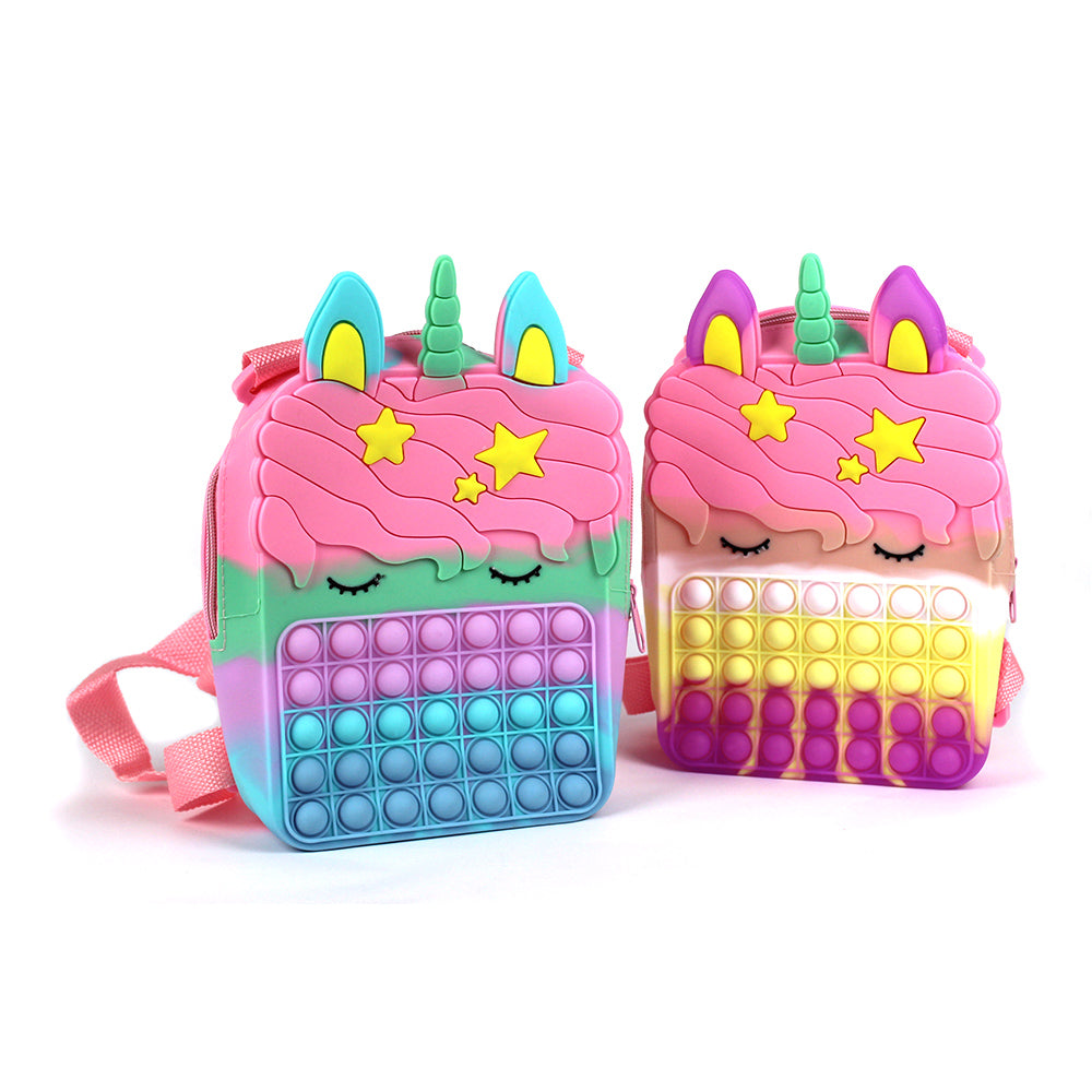 Rucsac copii din silicon model Pop-It multicolor dimensiuni 25x16x6 cm cu fermoar din aliaj de zinc si bretele reglabile