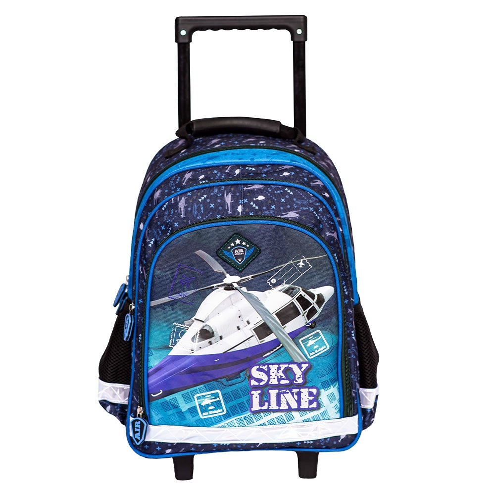Ghiozdan tip troller baieti S-COOL model SKY LINE 38 cm cu 3 compartimente roti silentioase silicon baza rigida EVA si spate anatomic buretat