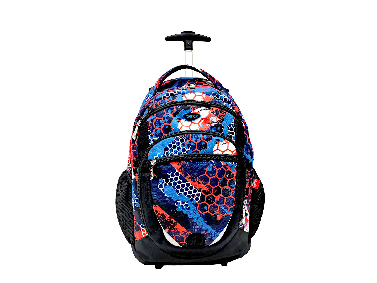 Ghiozdan troller Daco GH4616 model geometric albastru rosu negru 46 cm cu 4 compartimente fermoar si maner telescopic