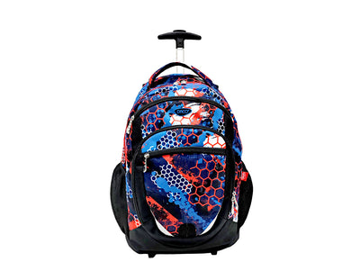 Ghiozdan troller Daco GH4616 model geometric albastru rosu negru 46 cm cu 4 compartimente fermoar si maner telescopic