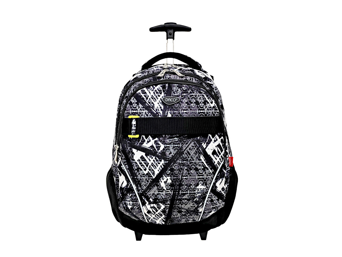 Ghiozdan troller Daco GH4618 imprimeu grafic alb negru 44.5 cm cu maner telescopic retractabil si 3 compartimente
