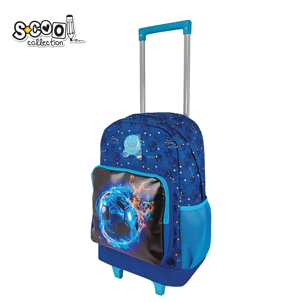Ghiozdan tip troller S-COOL Limited Edition 45 cm albastru cu buzunar holografic maner telescopic aluminiu roti silicon cu sclipici si bretele buretate