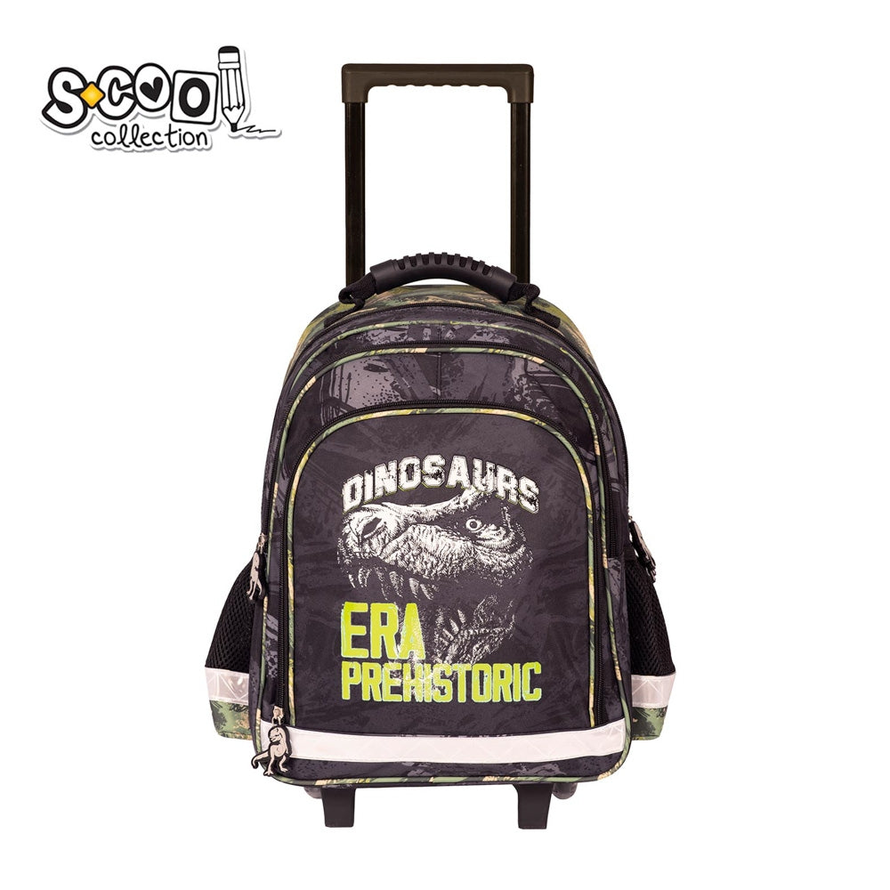 Ghiozdan tip troller baieti S-COOL model DINO 38 cm 2 in 1 compartiment laptop maner telescopic roti cu husa protectie si elemente reflectorizante