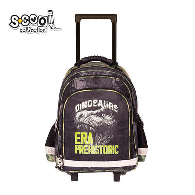 Ghiozdan tip troller baieti S-COOL model DINO 38 cm 2 in 1 compartiment laptop maner telescopic roti cu husa protectie si elemente reflectorizante