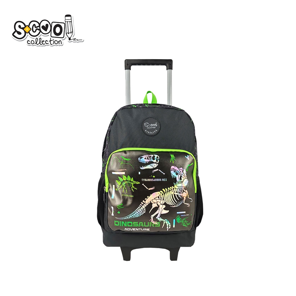Ghiozdan tip troller baieti S-COOL model DINOSAURS 45 cm cu compartiment laptop buzunar frontal metalizat maner aluminiu si roti rezistente