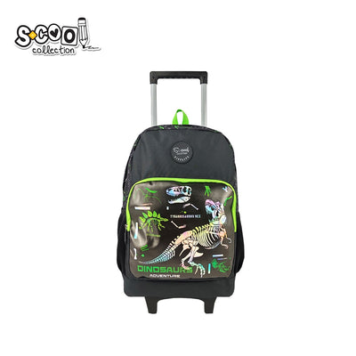 Ghiozdan tip troller baieti S-COOL model DINOSAURS 45 cm cu compartiment laptop buzunar frontal metalizat maner aluminiu si roti rezistente