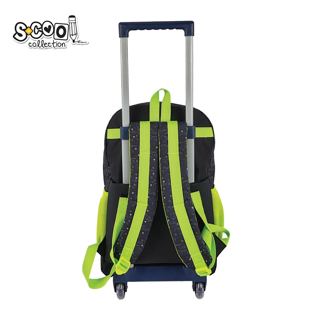 Ghiozdan tip troller S-COOL model NEXT LEVEL 45 cm pentru baieti cu compartiment laptop maner telescopic aluminiu tije protejate si bretele buretate