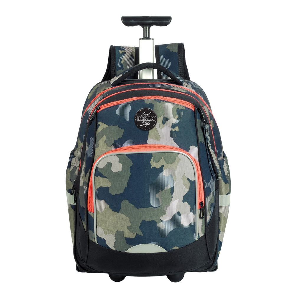 Ghiozdan tip troller premium S-COOL 49 cm imprimeu camuflaj compartiment laptop organizator tija aluminiu roti rezistente material impermeabil 600D si elemente reflectorizante
