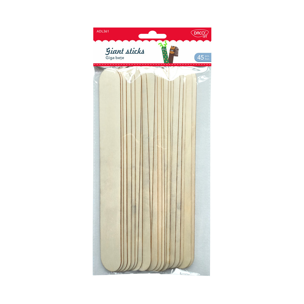 Set de 20 de giga bețe din lemn natural cu lungimea de 25.5 cm și lățimea de 3.1 cm, brand DACOart, cod AD361, destinate construcțiilor mari de tip craft.