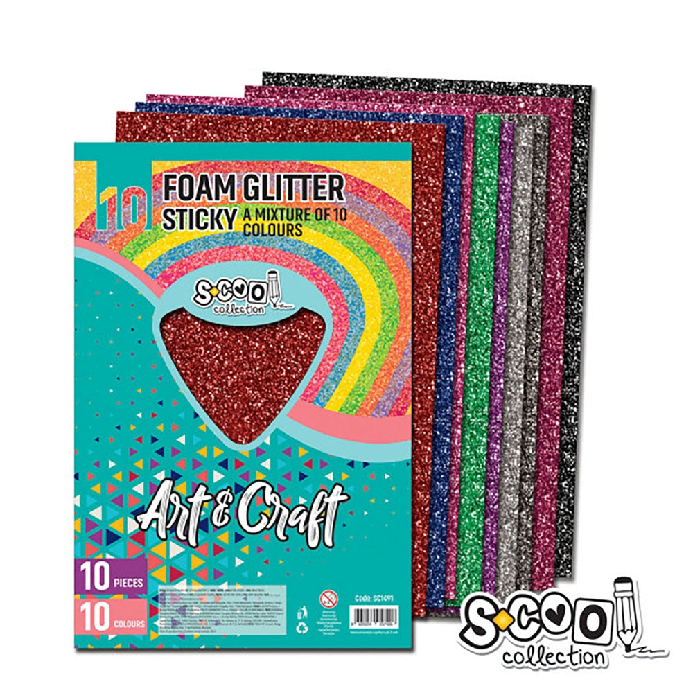 Hartie buretata, adeziva, glitter, 10 culori/set, 20x30 cm - S-COOL