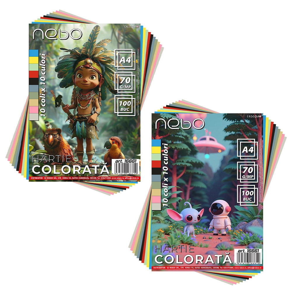 Hartie color A4, 10 culori, 100 coli/set, 70g/mp - NEBO