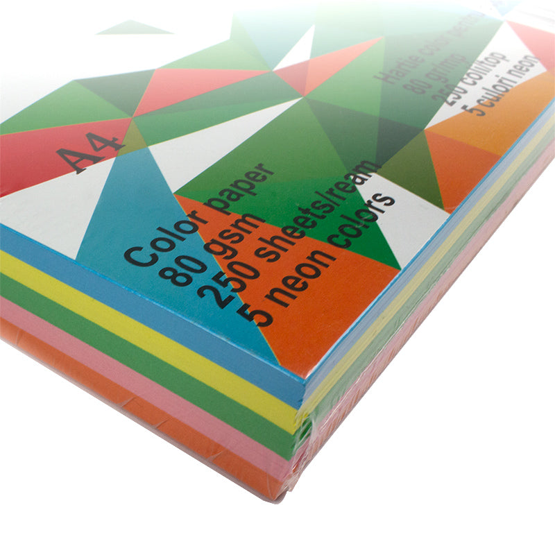Hartie 5 Culori Neon A4, 80 G/Mp, 250 Coli/Top Evoffice