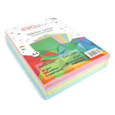Hartie 5 culori pastel A4, 80 g/mp, 500 coli/top Evoffice