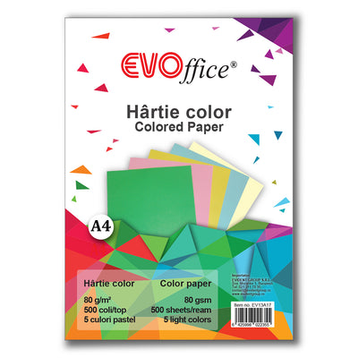 Hartie 5 culori pastel A4, 80 g/mp, 500 coli/top Evoffice