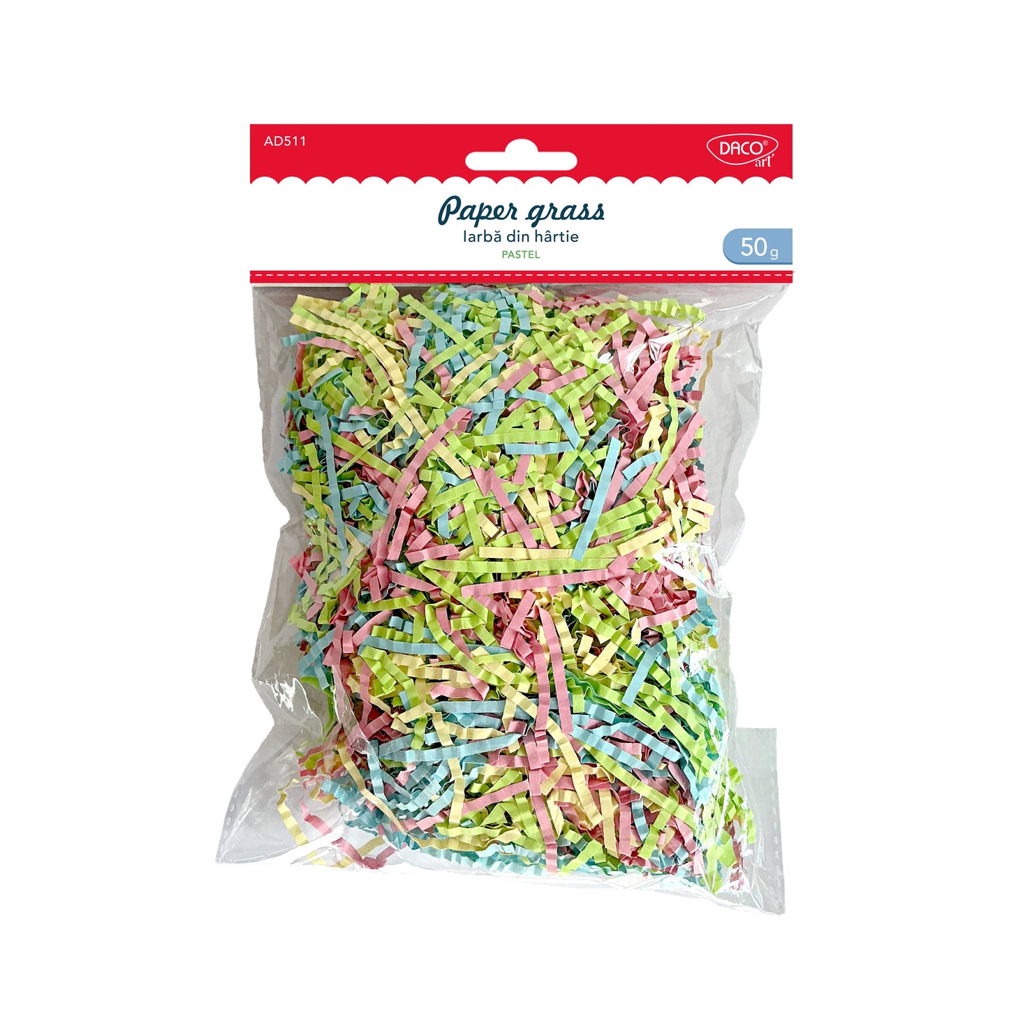Iarbă decorativă din hârtie Dacoart în nuanțe pastel (50g), ideală pentru umplerea cutiilor de cadouri, aranjamente florale și decoruri creative handmade