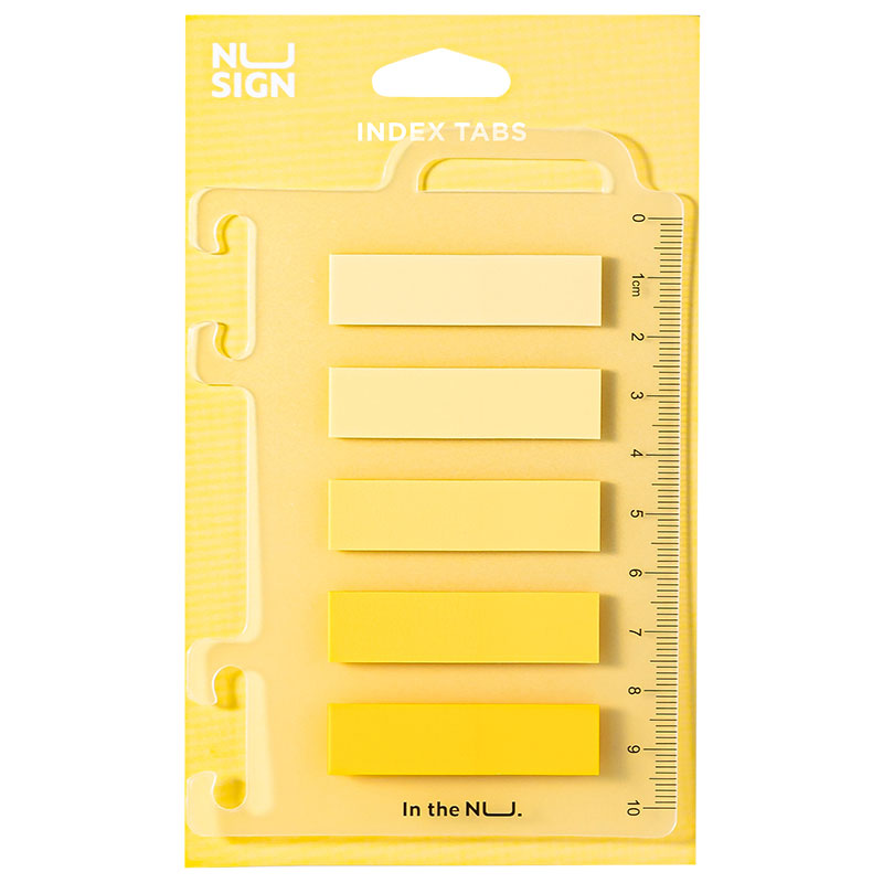 Index adeziv din plastic Deli Nusign în 5 nuanțe de galben cu riglă transparentă 12x44 mm pentru organizare.