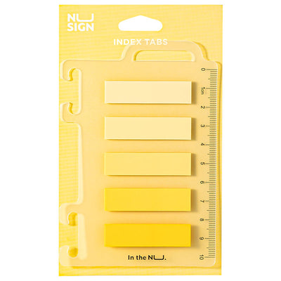 Index adeziv din plastic Deli Nusign în 5 nuanțe de galben cu riglă transparentă 12x44 mm pentru organizare.