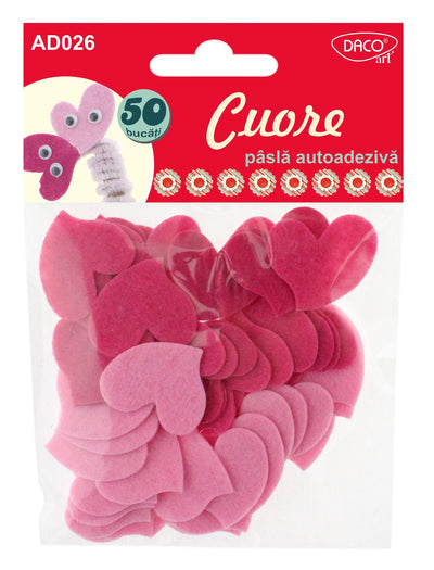 Set de 50 de inimioare decorative din fetru roz autoadeziv, brand DACO Art, pentru felicitări și proiecte creative handmade