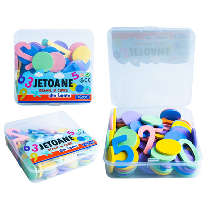 Jetoane, semne si cifre din lemn, culori pastel - NEBO