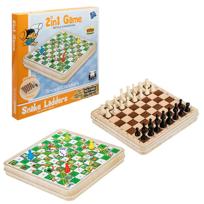 Joc 2 în 1 șah și șerpi și scări magnetic în cutie metalică pentru copii și călătorii