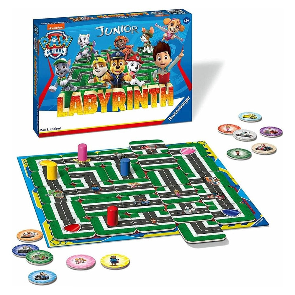Joc de societate Labyrinth Paw Patrol Junior Ravensburger cu tablă de labirint și pioni pentru copii.