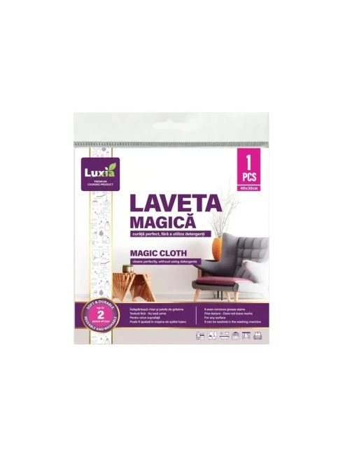 Lavetă magică Luxia din material moale, dimensiune 40x38 cm, pentru curățarea geamurilor și a mobilierului fără detergent.