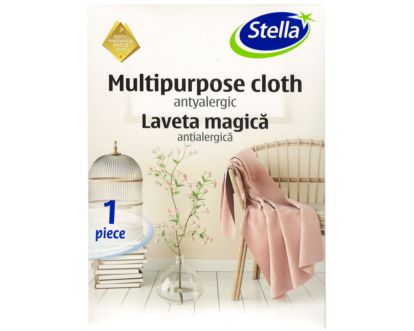Lavetă albă antialergică Stella din material Evolon, ultra-absorbantă, potrivită pentru îndepărtarea prafului și a lichidelor fără urme