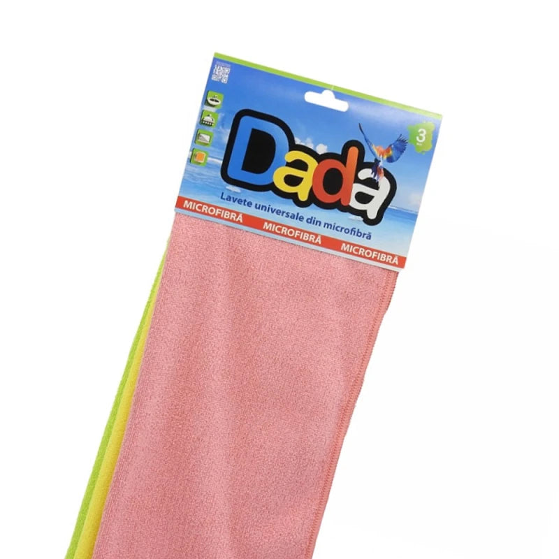 Set de trei lavete universale din microfibră brand Dada, dimensiune 30x40 cm, pentru curățarea mobilei, geamurilor și a electrocasnicelor, utilizare umedă și uscată